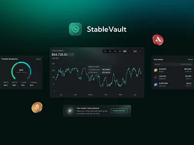 StableVault—All-in-One Crypto Management Dashboard (Ads) ads advertisement analytics dashboard animate b2b blockchain components crypto crypto dashboard cryptocurrency dark mode defi micro interaction modern design product design saas staking startup ui ui design