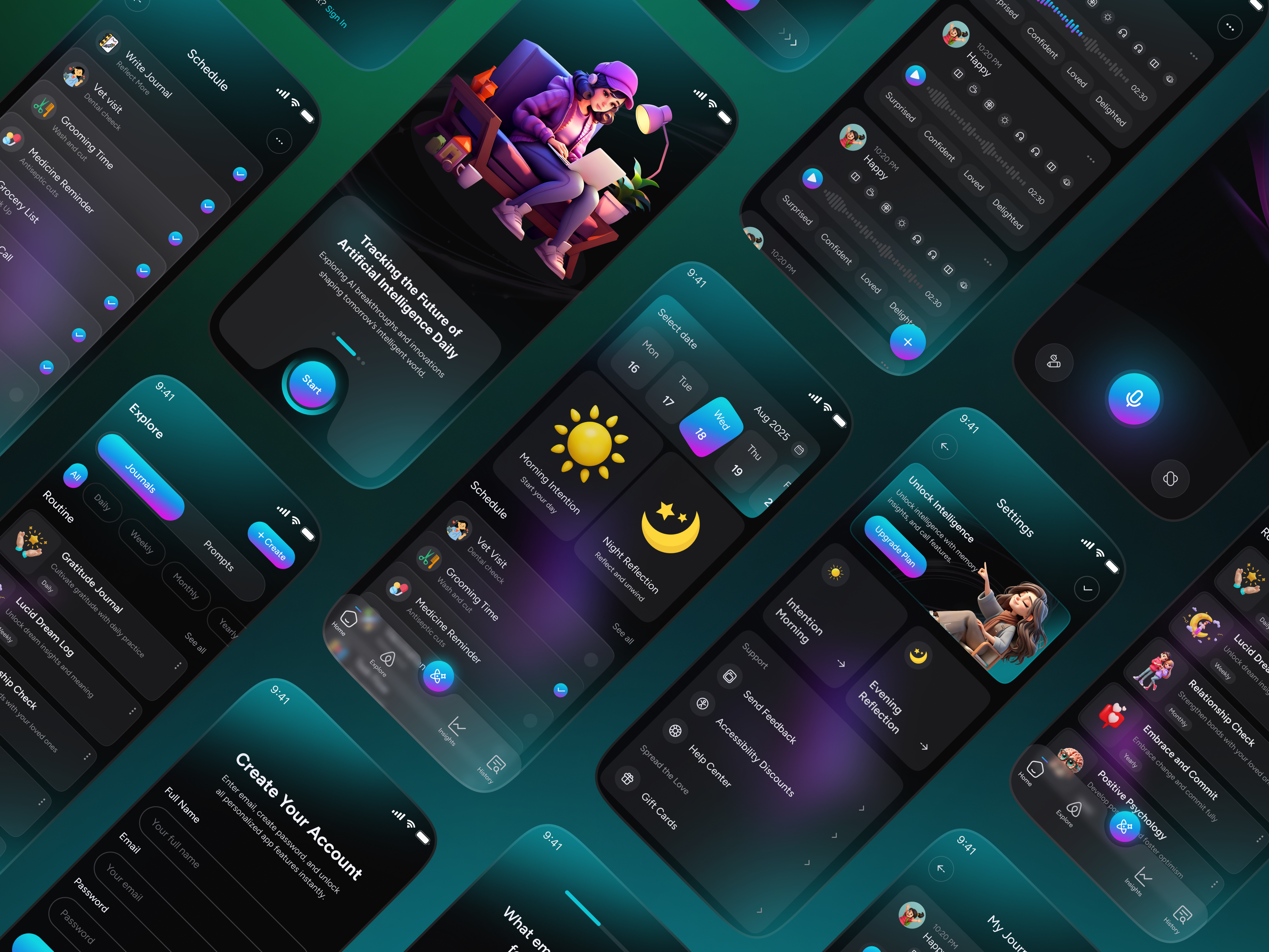 AI Journal and Diary Mobile App ai ai app ai assistant ai journal ai note app app design clam app diary app mental health mobile app mood tracker app self care ui wellness app