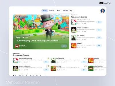 App Store UI/UX Redesign – Today, Games & Arcade Experience app cards design app discovery ui app store concept app store redesign apple ui arcade ui dashboard design dribbble trending games app ui gaming app ui glassmorphism hero section ui ios app design mehbubur rahman modern uiux product page ui trending ui ui inspiration