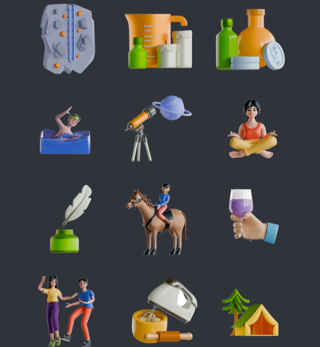 3D Hobby Icon Set branding design graphic design icon icons illustration ux vector