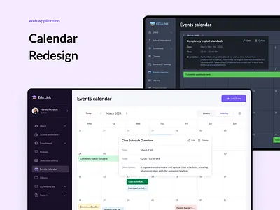 Web Calendar Redesign admin panel branding calendar clean dashboard date design event events calendar logo navigation planning pop up redesign responsive schedule table ui ux web