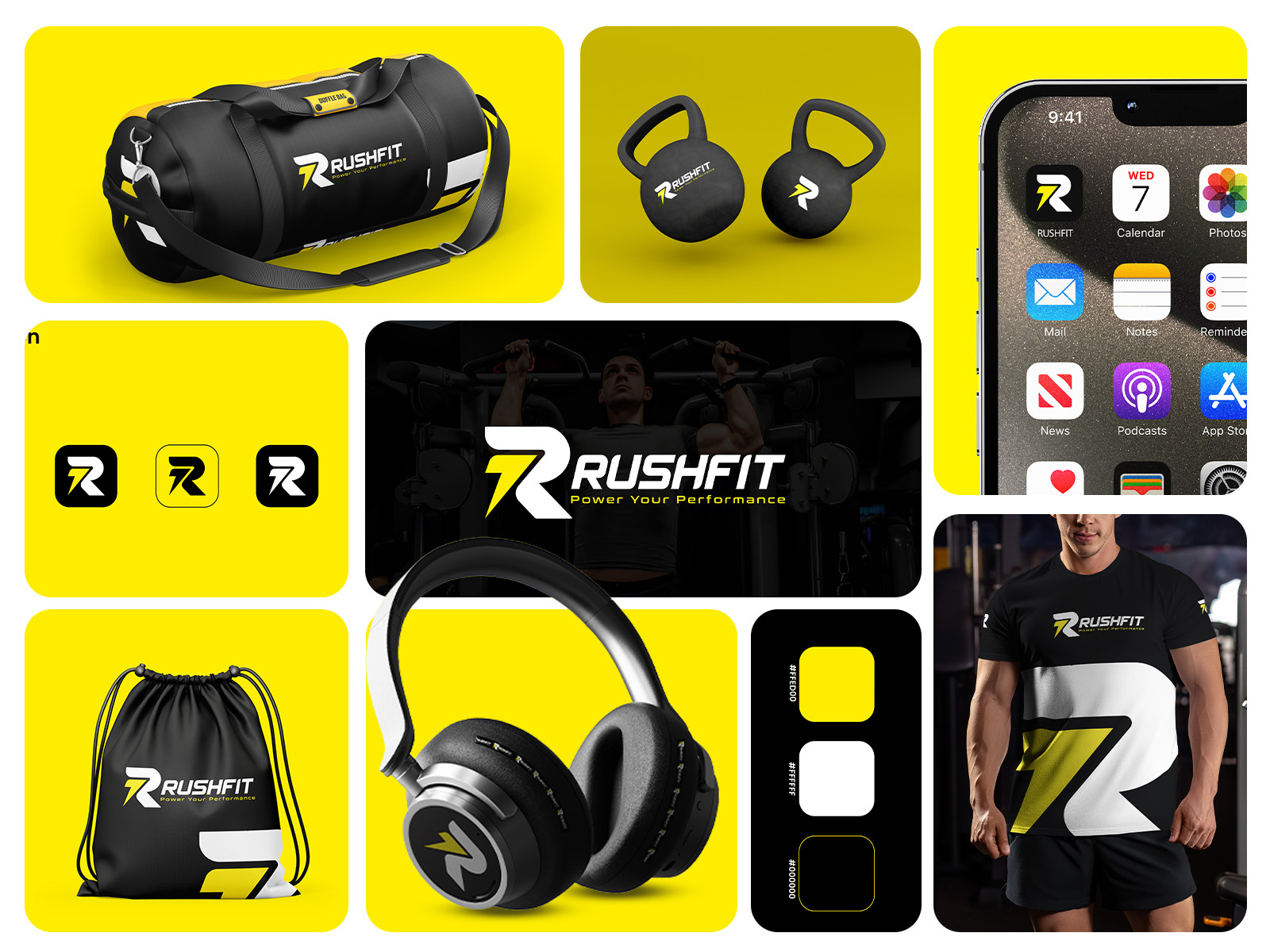 RUSHFIT Gym Logo and Brand Identity Design body buldir logo brand identity branding fitness logo fitness logo and branding fitness r logo gym brand identity gym company logo gym log gym logo design logo logo design logo for fintness logo for gym premium r logo r fitness logo r gym r gym logo r gym logo for you r logo dribble