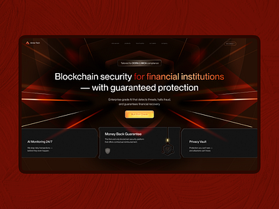 Blockchain security for financial institutions - dark fintech UI ai design ai security blockchain blockchain security crypto design cybersecurity dark ui defi fintech ui futuristic ui hero section landing page modern ui product design saas saas design security tech startup web3 web3 design