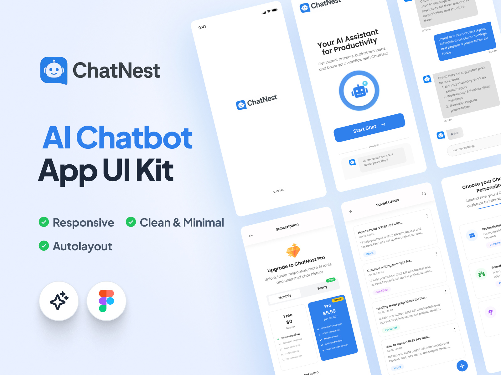 ChatNest — AI Chatbot App UI Kit Clean, Minimal & Responsive ai assistant app ai chatbot ai chatbot ui app design chatbot chatbot design clean ui conversation app figma ui kit interface design light mode ui minimal ui mobile app ui mobile ux modern ui productivity app ui kit