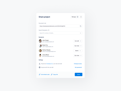 Share project popover admin can edit change access copy copy link design email link minimalist product design recipients saas search sergushkin settings share project software ui ux web