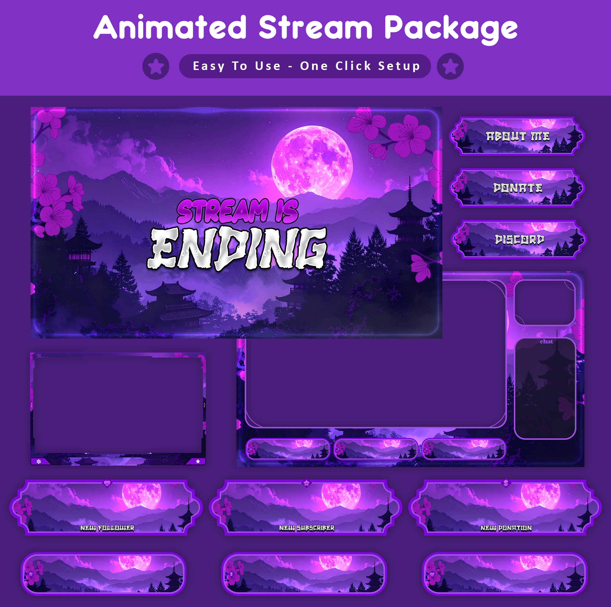 Purple Moon Sakura Stream Overlay I Twitch Overlay animated stream pack facecam frame gaming overlay just chatting overlay kick overlay live stream design live stream overlay obs overlay starting soon screen stream package stream panels stream screens streaming graphics streamlabs overlay twitch alerts twitch overlay twitch stream pack vectorkingstudio vtuber overlay youtube overlay