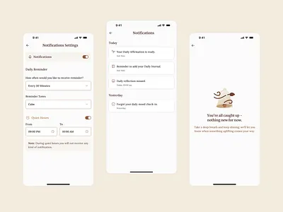 Stay Mindful, Notified — Calm Alerts That Feel Right app appdesign branding calmui clean ui cleaninterface design dribbbledesign illustration mindfulnessapp minimaldesign mobile app mobile app design mobileappdesign mobiledesign notifications productdesign uiux uxdesign wellnessapp