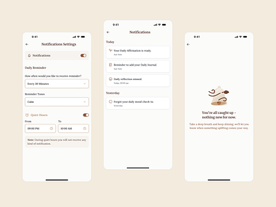 Stay Mindful, Notified — Calm Alerts That Feel Right app appdesign branding calmui clean ui cleaninterface design dribbbledesign illustration mindfulnessapp minimaldesign mobile app mobile app design mobileappdesign mobiledesign notifications productdesign uiux uxdesign wellnessapp