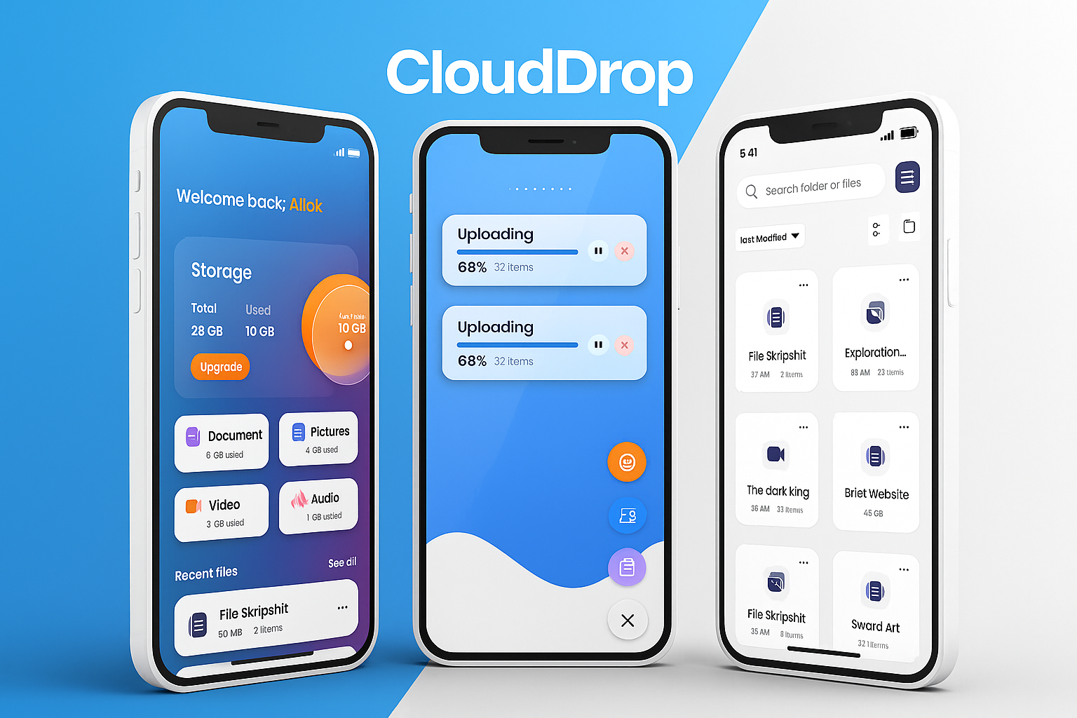 CloudDrop Modern UI Design app design cloud dashboard cloud storage mobile app ui ux