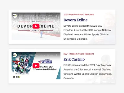 Winter Sports Clinic Award Winner Component award blue component design gray layout red shadow sports ui veteran veterans video web design winner winter