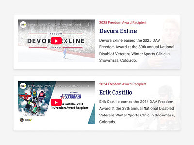 Winter Sports Clinic Award Winner Component award blue component design gray layout red shadow sports ui veteran veterans video web design winner winter