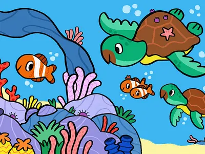 First swim 🐟 art coral cute fish illustration illustrator kids sea turtle underwater vibrant water