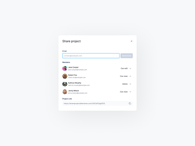 Share project modal admin can edit can view copy design dialog email figma link members modal project link saas send invite sergushkin share project shared project ui ux web
