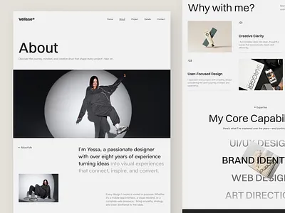 Velisse About & Contact Page – Portfolio Website UI Figma about me contact page creative designer digital design figma figma design modern website personal brand portfolio responsive ui design ui inspiration ui showcase uitrends uiux ux design web design