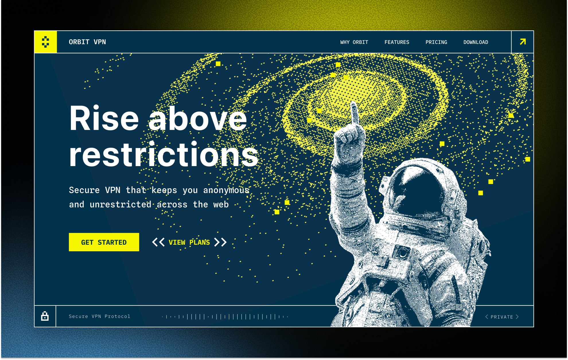 Orbit VPN - Landing Page Hero Section astronaut bold typography dark ui dither grunge halftone hero illustration industrial design landingpage space theme ui ux vpn webdesign yellow accent