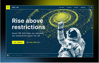 Orbit VPN - Landing Page Hero Section astronaut bold typography dark ui dither grunge halftone hero illustration industrial design landingpage space theme ui ux vpn webdesign yellow accent