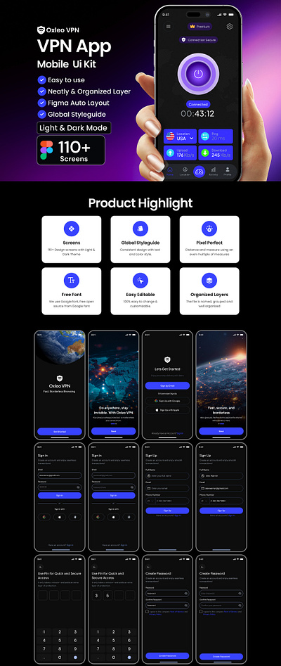 Oxleo VPN App UI Kit app design design figma mobile app ui uiux user experience