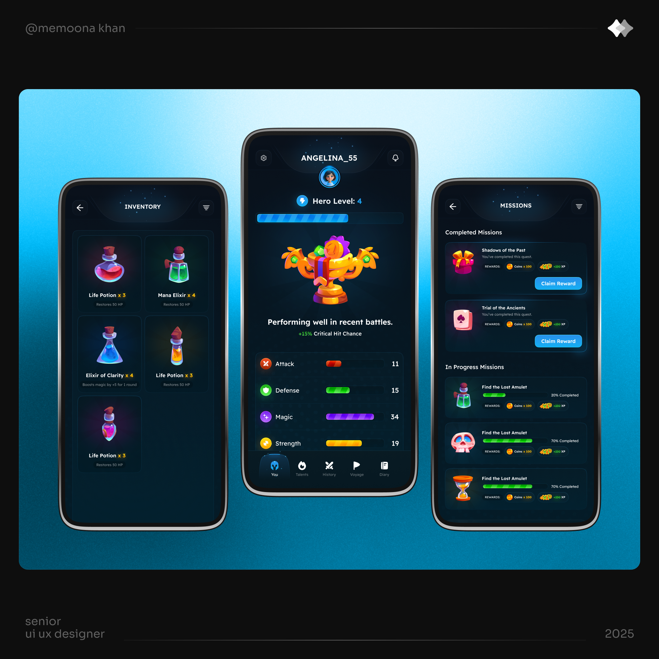 🩵 Fantasy Quest – Mobile RPG Game UI Design design thinking interaction design interface optimization mobile app design product design prototyping responsive design ui ux design usability testing user experience user interface user research visual design web design wireframing