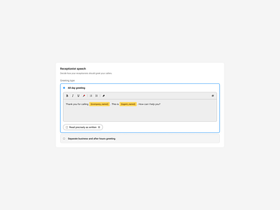 Set all day greeting active answer b2b button call call center checkbox greeting options radio receptionist saas select settings speech ui ux wysiwyg