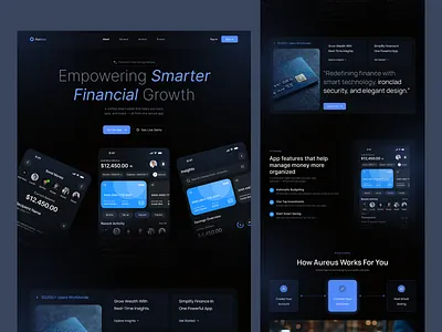 Aureus – Modern Fintech Landing Page UI dark theme finance app finance ui fintech fintech design landing page design minimal design modern ui saas design smart finance ui inspiration uiux web design