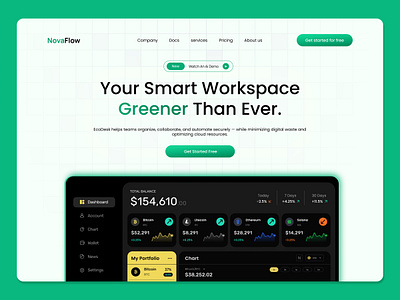 NovaFlow – Green SaaS Workspace Hero UI clean ui dark mode ui dashboard ui design exploration fintech dashboard green theme grid background hero section homepage concept landing page minimal ui modern web design novaflow product design saas design ui design uxui web design workspace app