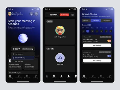 AI Meeting App: Schedule & Host Interface ai ai call ai meeting note ai meeting note taker ai note taker ai schedule ai smart calendar calendar dark mode dashboard design meeting mobile msnslkfv note taker product design saas schedule smart schedule uiux