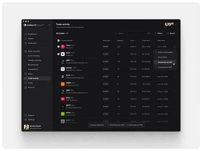 Brokerage activity — Untitled UI brokerage darkmode fintech product design table trade activity ui design user interface