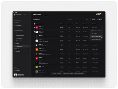 Brokerage activity — Untitled UI brokerage darkmode fintech product design table trade activity ui design user interface