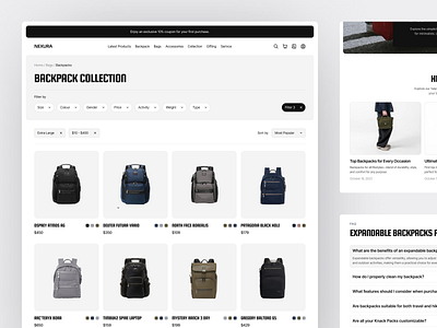 Nexura - Adventure Backpack Gear Collection Page accessories adventure backpack bags camping collection companion e commerce ecommerce gear hiking mountain shop shopify store travel traveler ui web design website
