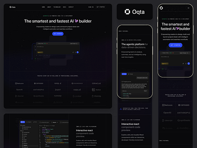 Oqta - AI Builder Responsive Landing Page ai ai builder ai design artificial intelligence cansaas clean dark theme dark ui design developer tools interface mobile app modern design product design responsive design saas tech design technology ui ux