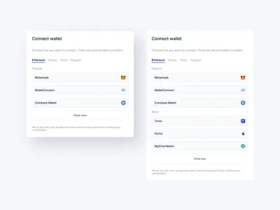 Connect wallet clean ui coinbase wallet confirmation connect wallet crypto design ethereum metamask polygon private key select crypto sergushkin sign in sign up solana tezos ui ui components walletconnect web3