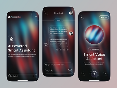 Conversational AI Assistant Mobile App Design ai app ai assistant ai assistant app ai chat app ai chatbot ai powered chat and voice app app design artificial intelligence chatbot chatgpt concept design conversation ui dark theme glassmorphism mobile app productivity app smart assistant uiux design user interface voice assistant