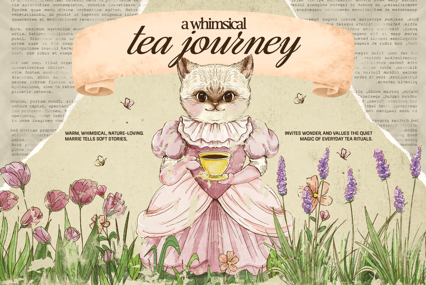 Marrie Tea _ Product Brand and Packagin Design branding character illustration cozy brand creative studio earthy tones floral hand drawn label design nostalgic packaging design retro soft aesthetic storytelling tea packaging typography vintage design visual identity whimsical design