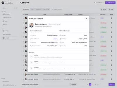 Contact Details Modal clean contact management dashboard design figma minimal modal modal popup popup product product design saas software ui design uiux design user interface ux design