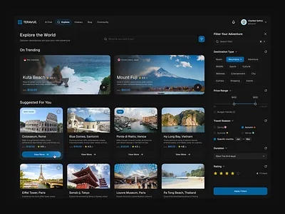 AI Travel Planner Explore Dashboard ai ai travel ai travel dashboard assistant chatgpt darkmode dashboard design destination explore itinerary minimal modern travel travel dashboard trip trip dashboard ui design ux design website