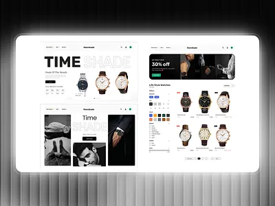 TIME SHADE - Modern Watch E-Commerce black and white design bold typography design clean ui ecommerce ui ux fashion brand ui. figma ui filters ui hero section design landing page concept luxury brand ui luxury watch design minimal ui design modern ui ux premium website design product listing page time shade watch brand ui watch e commerce watch shop website web design inspiration