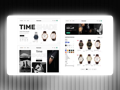 TIME SHADE - Modern Watch E-Commerce black and white design bold typography design clean ui ecommerce ui ux fashion brand ui. figma ui filters ui hero section design landing page concept luxury brand ui luxury watch design minimal ui design modern ui ux premium website design product listing page time shade watch brand ui watch e commerce watch shop website web design inspiration