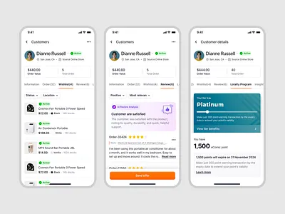Ecomiq — Customer Details (Wishlist, Reviews & Loyalty Program) crm customer customer management design ecommerce marketplace mobile app mobile design online shop online store product design product management rating saas saas design ui ux web builder wishlist