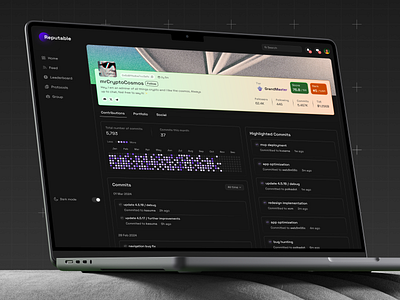 Reputable – Web3 Developer Profile Dashboard blockchain crypto dark ui darkmode dashboard dashboard design design developer tools finteche interaction product design ui ux web3 web3 design