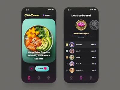CooQuest — Gamified Cooking App Concept 3d app design badges concept cooking app dark mode deck figma gamification gen z ios leaderboard leagues mobile mobile app pixel art product design recipes swipe cards ux