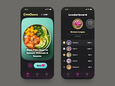 CooQuest — Gamified Cooking App Concept 3d app design badges concept cooking app dark mode deck figma gamification gen z ios leaderboard leagues mobile mobile app pixel art product design recipes swipe cards ux