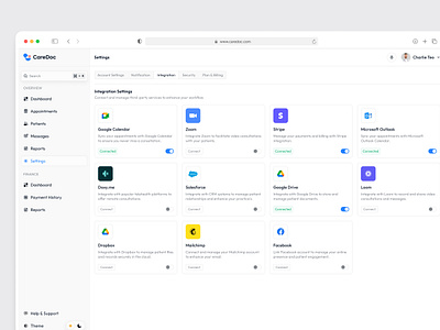 🔌Integration Settings Page UI app design appintment booking software appointment ui design doctor dashboard health care designer healthcare saas healthcare software healthcare software design healthcare ui integration settings medical saas design medical ui medical web app saas dashboard settings page ui ui ui design ux design webapp design webapplication