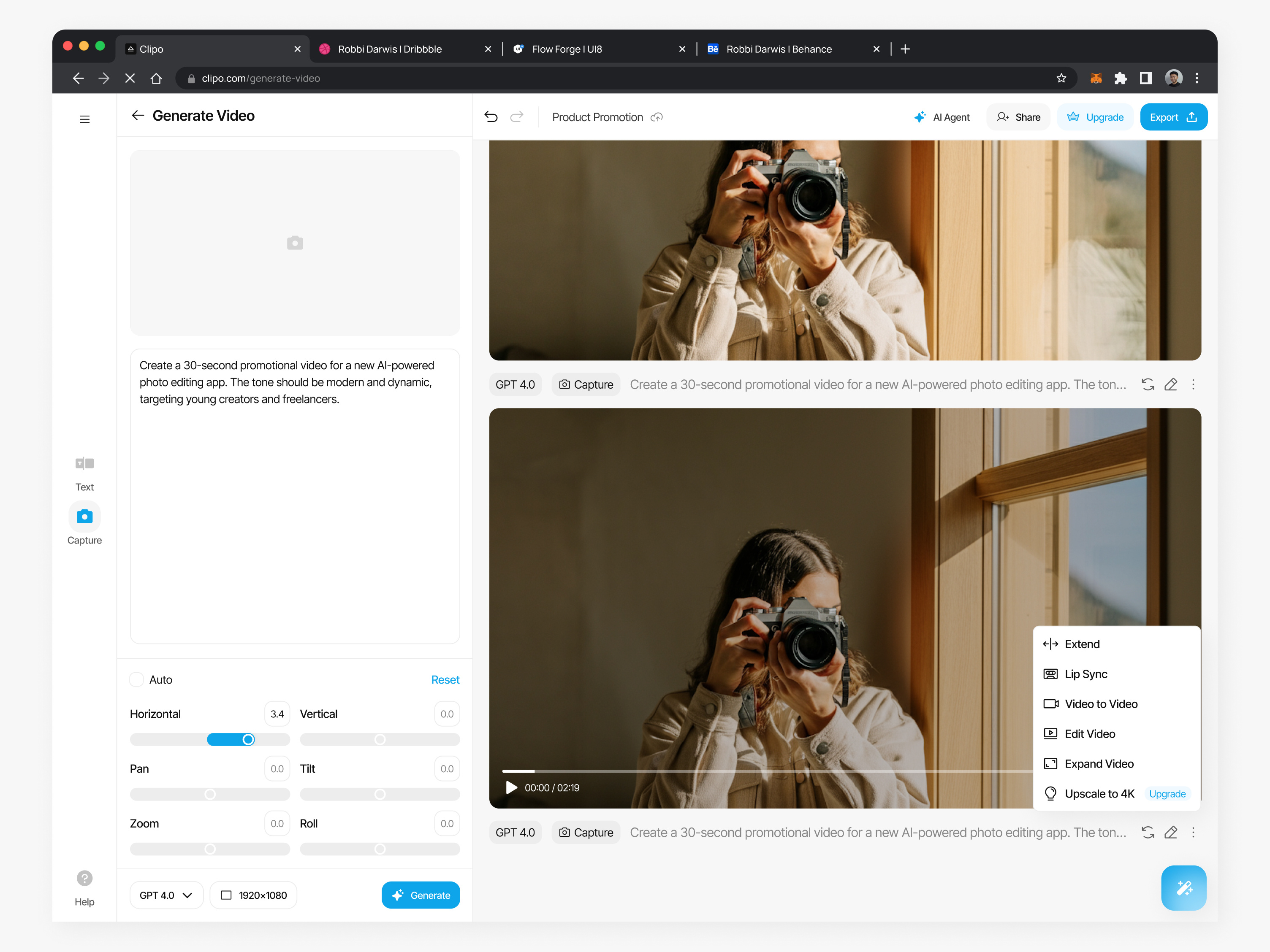 Clipo – AI for Video Editor Webapp (Generate Video) ai avatar ai generate ai platform clip creator dashboard generate voice over invite member photo editor pricing page redesign responsive design saas saas product team space ui ui design video editing video editor video generate voice over