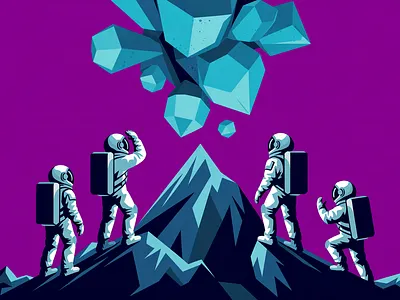Teamwork & Risk: The Asteroid Challenge adventure art commission asteroid impact camping concept art cosmic threat exploration illustration landscape illustration mountain outdoor risk management scifi art space tech strategic planning teamwork travel vector vector illustration web