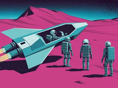 Exploration Team: The Arrival adventure aerospace alien planet art commission concept art environment futuristic illustration landscape illustration mars mountain new frontiers outdoor scifi art space exploration teamwork travel vector vector illustration web