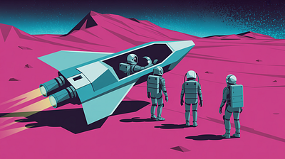 Exploration Team: The Arrival adventure aerospace alien planet art commission concept art environment futuristic illustration landscape illustration mars mountain new frontiers outdoor scifi art space exploration teamwork travel vector vector illustration web