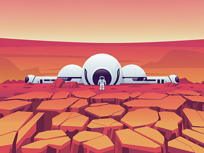 Future Habitat: The Mars Base adventure aerospace art commission concept art environment future habitat illustration landscape illustration mars minimalist art outdoor red planet scifi art space exploration tech art travel vector vector illustration web