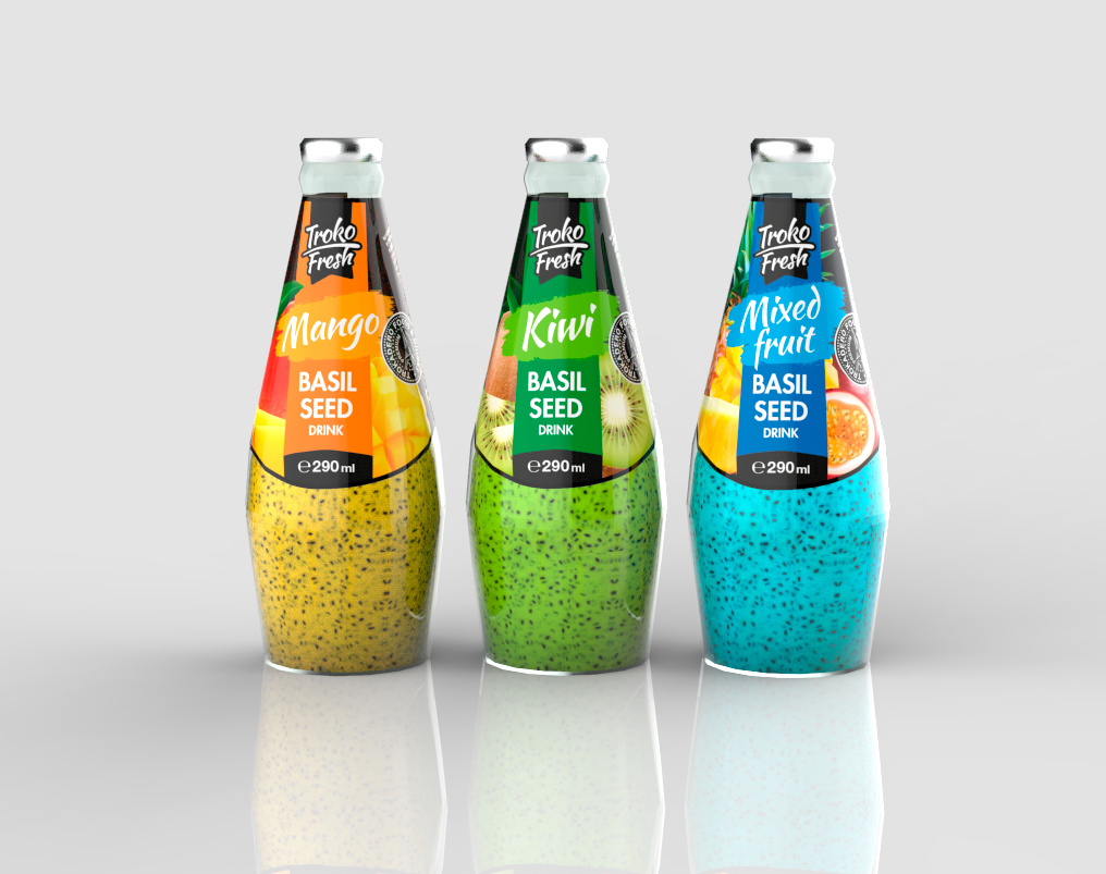 Troko Fresh - basil seed juices label design beverage design branding design packaging design print design