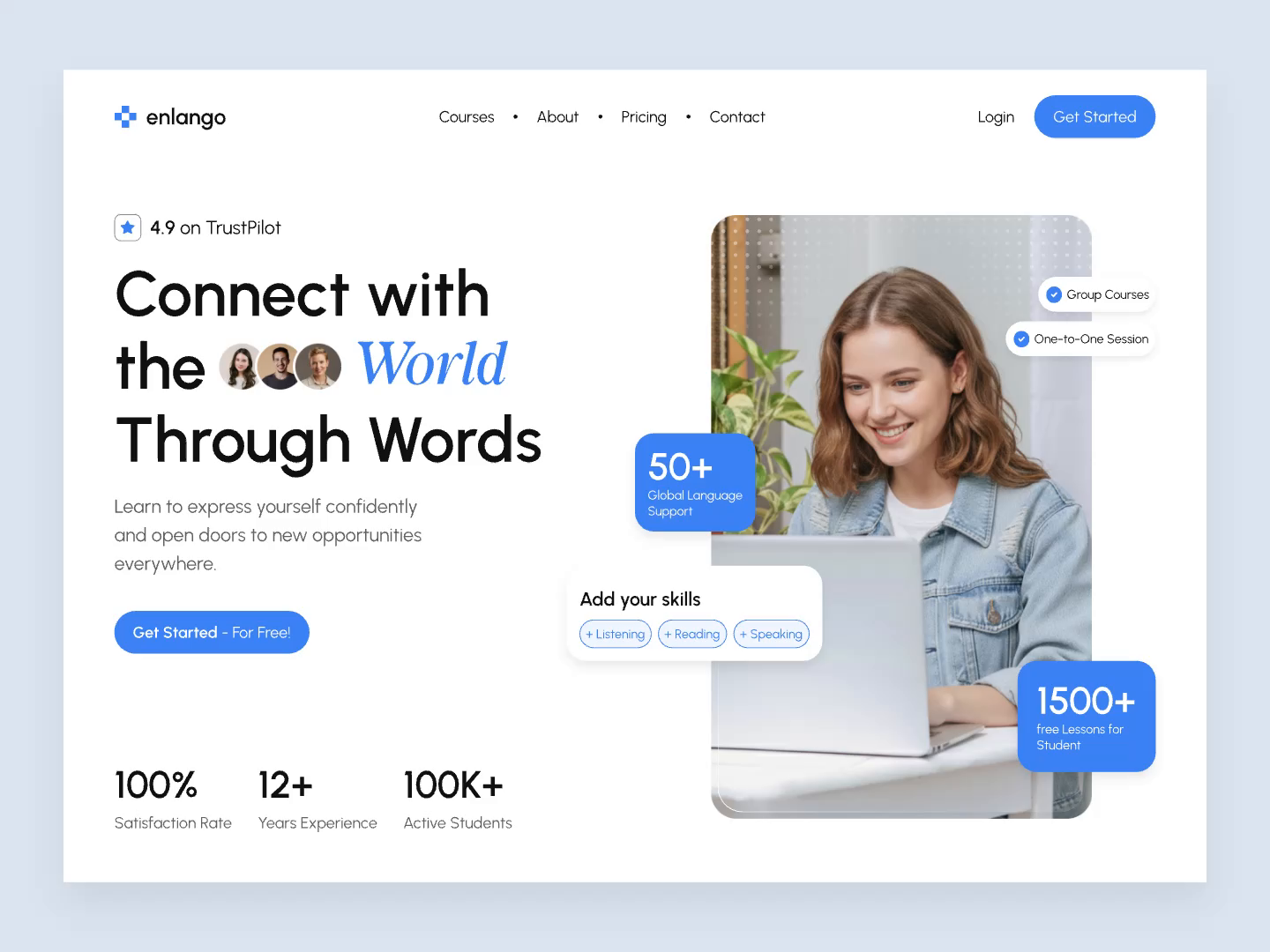 Example of Enlango - English Learning Hero Section