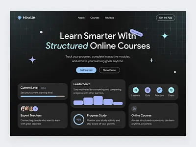 MindLift - Online Course Hero Section course course management education technology edutech expert teacher hero section landing page leaderboards learning goals learning management system learning platform lesson moduls lms online class saas study activity ui ui design web app web design